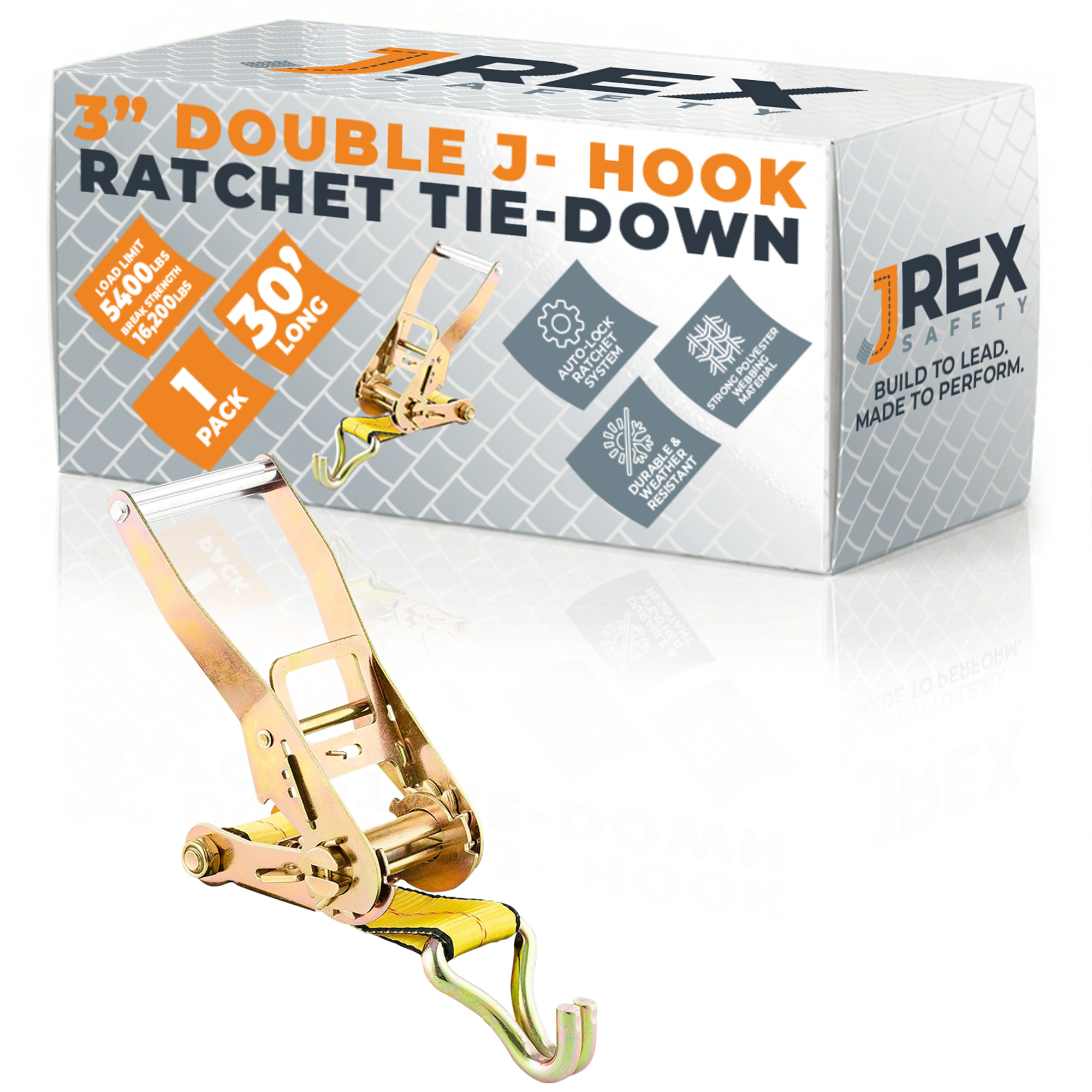 HD Ratchet Strap with Double J Hooks - Yellow 3" x 30' Tie Down